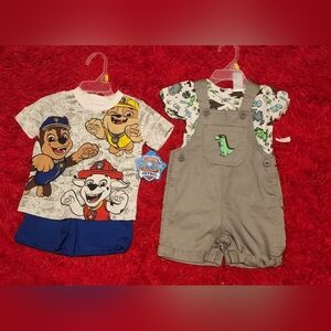 Paw Patrol Baby Boy 12M Outfit Bundle 2 Sets Dinosaur Overalls NWOT